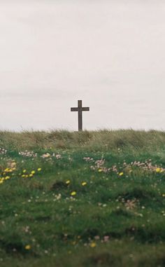 a cross on top of a hill with wildflowers