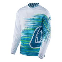 a white jersey with blue and green designs on it