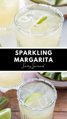 two glasses filled with sparkling margaritas on top of a wooden table next to lime wedges