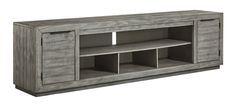 an entertainment center with two shelves and one door open