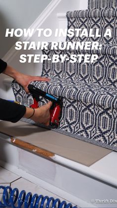 Painted Wooden Stairs With Runner, Installing A Stair Runner, How To Put A Runner On Stairs, Diy Stairs Runner, Painted Steps With Runner, Painted Stairs With Carpet Treads, How To Decorate Stairs, Painted Wooden Stairs, Steps Remodel