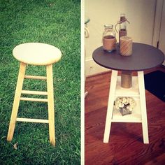 two pictures side by side one has a stool and the other has a table with jars on it