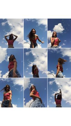 multiple shots of a woman with her hair blowing in the wind and clouds behind her