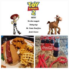 the toy story 2 movie poster with hot dog, waffles, and soda