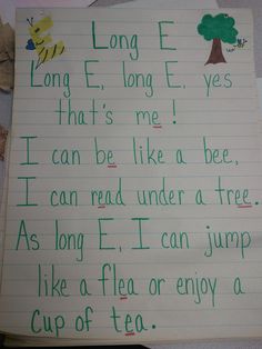 a piece of paper with writing on it that says long e, long e, what's me i can be like under a tree