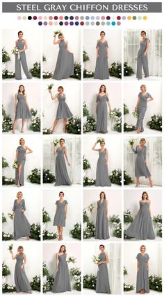 a collage of photos showing the different styles of dresses worn by women in grey