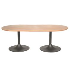 an oval dining table with two black pedestals on each side and a light wood top