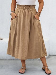 Plus Size Khaki Button Pocket Skirt Khaki Casual   Woven Fabric Plain Flared Non-Stretch  Women Plus Clothing, size features are:Bust: ,Length: ,Sleeve Length: