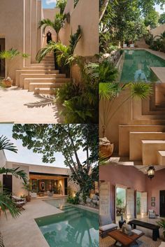 the inside and outside of a house with pool, stairs, trees, and patio furniture