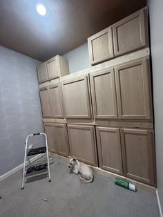 a dog laying on the floor next to wooden cabinets in a room with a ladder