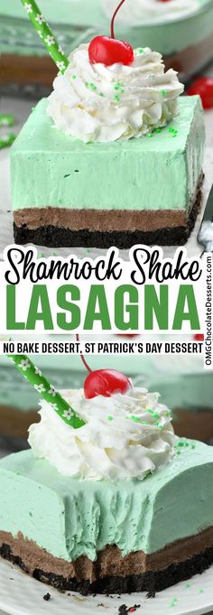 a slice of shamrock cheesecake with whipped cream on top