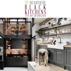 an open kitchen with black cabinets and white tile flooring is featured in the magazine, beautiful black kitchens that are trending hot