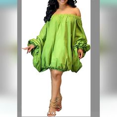 Women Plus Off Shoulder Short Dress Long Sleeve Loose Big Swing Billowy Mini Dress Casual Style, Spring Billowy Midi Dress For Party, Billowy Mini Dress For Summer, Casual Billowy Knee-length Dress, Billowy Mini Dress For Spring, Billowy Knee-length Spring Dress, Spring Billowy Mini Dress, Green Shift Mini Dress For Beach, Billowy Spring Mini Dress Casual Style