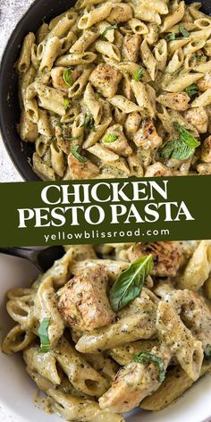 chicken pesto pasta in a skillet with basil on top