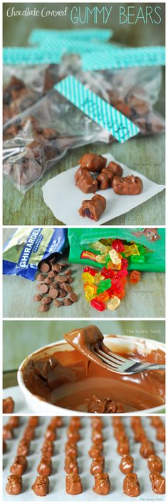 chocolate covered gummy bears are sitting on a table