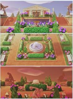 the garden in animal crossing is shown with flowers and plants on each side of it