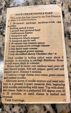 an old recipe for ice cream noodle bake on a granite counter top with instructions