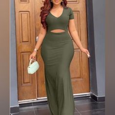 Marysol.Boutique Women' S Short Sleeve, Vneck, Cutout Mermaid Maxi Dress Sz L Nwot Material: Polyester Color: Olive Green Finish: Pullover Fitted V-neck Maxi Dress With Cutout, Fitted Casual Maxi Dress With Cutout, Casual Fitted Maxi Dress With Cutout, Casual Fitted Cutout Maxi Dress, Green V-neck Dress With Cutout, Mermaid Maxi Dress, Green Maxi, Boutique Dress, Women Maxi