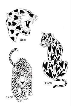 three black and white images of leopards