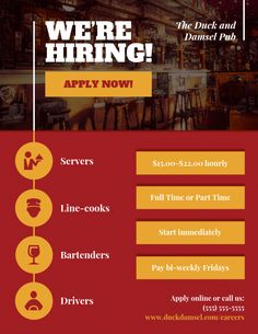 an advertisement for a restaurant with the words we're hiring apply now