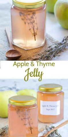 an apple and thye jelly is shown in two different jars with spoons next to it