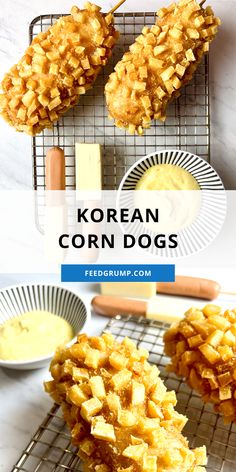 korean corn dogs on a cooling rack with dipping sauce