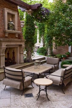 an image of a patio with furniture and trees in the back ground, on instagram