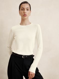 Forever Crew-Neck Sweater | Banana Republic Factory Workwear Fine Knit Long Sleeve Crew Neck Top, Crew Neck Fine Knit Long Sleeve Top For Work, Fine Knit Long Sleeve Crew Neck Top For Work, Elegant Long Sleeve Crew Neck Top For Work, Classic Crew Neck Long Sleeve Top For Spring, Classic Crew Neck Long Sleeve Top For Fall, Versatile Crew Neck Knit Top For Work, Classic Kibbe, Soft Classic Kibbe