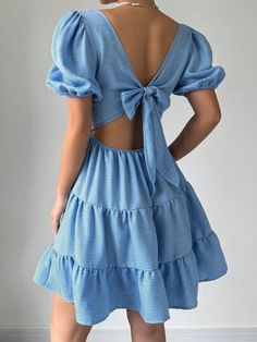 Backless Blue Dress, Ruffle Hem Dress, Swiss Dot, Hem Dress, Dress With Bow, Belted Dress, Ruffle Hem