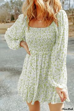 Olivia Mark - Mini vestido boho floral verde pera con mangas abullonadas Puff Sleeve Mini Dress, Balloon Sleeve Dress, Boho Mini Dress, Floral Squares, Boho Green, Sleeves Clothing, Floral Print Skirt, Sleeved Dress, Daily Dress