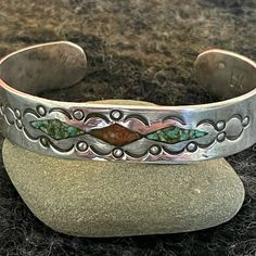 Solid Navajo Sterling Silver Cuff Bracelet By Bessie Castillo Weighs Over 19g. Turquoise And Coral Inlaid, 13mm Wide. Southwestern Sterling Silver Bracelet With Turquoise Inlay, Turquoise Sterling Silver Cuff Bracelet With Inlay, Southwestern Multi-stone Cuff Bangle Bracelet, Southwestern Turquoise Inlay Sterling Silver Bracelet, Nickel-free Southwestern Bangle Cuff Bracelet, Inlay Jewelry, Turquoise And Coral, Sterling Silver Cuff Bracelet, Sterling Silver Cuff