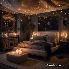 a bed room with a neatly made bed and lots of lit candles on the floor