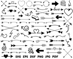 various arrows and hearts are drawn in black ink on white paper with the words svg eps