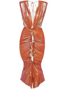 orange metallic sheen mesh panelling draped detailing ruffled detailing gathered detailing V-neck shoulder pads sleeveless open back full lining rear tie fastening Orange Backless Evening Dress, Sleeveless Dresses With Ruched Sides For Gala, Orange Draped Party Dress, Orange Draped Dress For Party, Orange Ruched Midi Dress For Party, Elegant Orange Ruched Midi Dress, Awards Dress, Tank Dresses, Fashion Moodboard