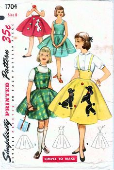 SIMPLICITY 1704: Use this mid-1950s vintage sewing pattern for girls to sew an authentic poodle skirt, fit and flare jumper or sundress, and midriff jumper, all with full circle skirt and poodle applique. Scroll down to learn more about the size, pattern condition, and garment details. SIZE INFORMATION:  Girl Size 8 Breast 26 inches Waist 23 inches Hip 28 inches PATTERN CONDITION: COMPLETE, USED (instructions, all pattern pieces (cut and in very good to excellent used condition), and applique transfer (unused)) GARMENT INFORMATION: Jumper/sundress v. 1 details: - dart-fitted sleeveless bodice - contoured camisole neckline - shoulder straps that button in front - full circle skirt trimmed with poodle applique - in-seam side pocket - side zipper closure Jumper v. 2 details: - snug shaped mid Poodle Skirt Pattern, Girls Poodle Skirt, Homemade Clothes, Poodle Skirts, Skirts Pattern, 1950s Girls, Simplicity Patterns Vintage, White Poodle, Skirts Vintage