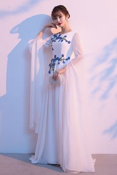 A-line Maxi Dress With Floral Embroidery For Wedding, Long Sleeve Dresses With Floral Embroidery For Ceremony, Long Sleeve Floral Embroidery Dress For Ceremony, White Embroidered Maxi Length Gown, White Embroidered Maxi Gown, Long Sleeve Gown With Floral Embroidery For Banquets, Floral Embroidery Floor-length Dress For Ceremony, White Long Dress For Ceremony, Long White Dress For Ceremony