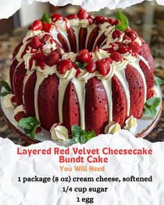 layered red velvet cheesecake bundt cake with whipped cream and strawberries on top