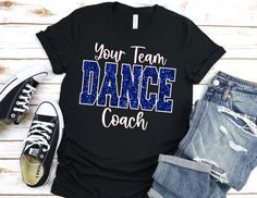 This is the perfect gift for your favorite dance coach, mom, sister, aunt, etc. Wording, design color and shirt colors are all customizable to fit your needs. Stand out in the crowd with this beautiful, sparkly shirt. Customizable Dance Coach Shirt, Dance Coach Gift, Glitter Dance Tee, Dance Coach Bling, Dance Team Pride, Dancer Shirt, Gift for Dance Coach Unisex Fit Tee (Shown in Black) Glitter Colors are customizable. Shirt Colors are Customizable. Glitter Vinyl All materials used are high qua Dance Clinic Shirt Ideas, Dance Coach Shirts, Dance T Shirts Ideas Design, Dance Teacher Shirts Design, Graphic Print Crew Neck T-shirt For Dance Class, Dance Team Shirts, Black And Gold Shirt, Pilates Shirt, Dancer Shirt