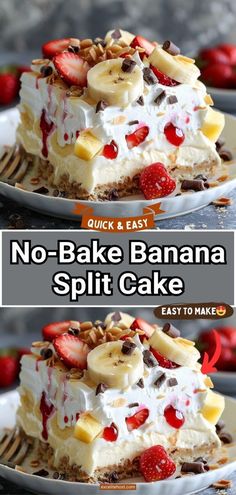 no bake banana split cake on a plate