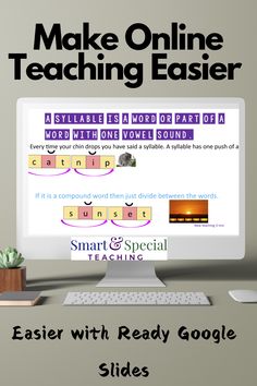 a computer screen with the words make online teaching easier on it and an image of a keyboard