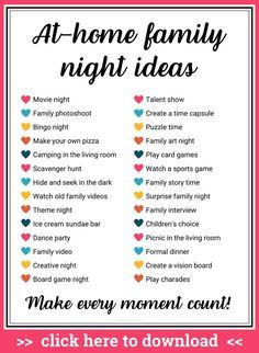 a poster with the words at home family night ideas