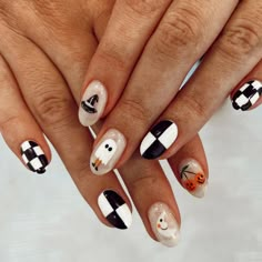 Checker Halloween Nails, Cutest Fall Nails, Checkerboard Halloween Nails, Graphic Gel Nails, Small Halloween Nail Designs, Pre Fall Nails 2023, Simple Bold Nails, Pumpkin Cherry Nails, Halloween Nails Natural Nail