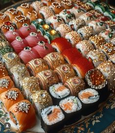 many different types of sushi on a platter with gold trimmings and decorations