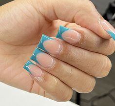 Short Teal French Tip Acrylic Nails, Ombre Nail Inspiration, Teal French Tip Nails Turquoise, Short Nail Set Ideas, Teal Nails, Long Acrylic Nail Designs, Colored Acrylic Nails, Girly Acrylic Nails