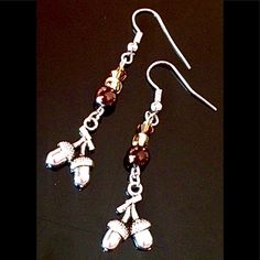 New Fall Themed Earrings Feature Dangling Charms Of 2 Acorns On A Branch; Accented By Shiny Brown Glass, Citrine Gold And Topaz Brown Crystal Beads. Length From Tops Of Silver Tone Hooks Is 2.2”. Acorn Charms Measure Approx 14 X 11mm. Fall Themed Jewelry, Statement Earrings Wedding, Crystal Pearl Earrings, Winter Earrings, Ghost Earrings, Hippie Earrings, Clover Earrings, Crystal Dangle Earrings, Gold Statement Earrings