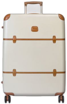 Cream Classic Leather-lined Luggage For Weekend Trips, Classic Leather Luggage For Trip, Designer Leather Luggage With Sleeve, Luxury Luggage With Leather Trim For Business Trips, Luxury Travel Luggage With Leather Backing, Classic Luggage With Leather Handles For Trips, Classic Luggage With Leather Lining For Weekend Trips, Luxury White Luggage For Everyday Use, Classic Leather Luggage With Sleeve