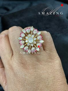 Silver Moissanite Polki & Pink Enamel Ring, Indian Traditional Ring, Polki Ring , Adjustable Ring ,Indian Wedding Jewelery, Travel Ring, Statement Ring Material : Silver Gemstone: Moissanite, Swarovski Stones and Pink Enamel Stone colour: Uncut Polki Primary colour: Gold Ring Size : Adjustable Silver Intricate, hand crafted, Pure Silver Polki Rings , studded with high quality Moissanite Polki , made in 92.5 silver with 22ct gold plating. Product comes with 92.5 silver hallmark. - We also Cus Festive Meenakari Rings, Festive Gold Ring With Meenakari Detail, Festive Kundan Meenakari Rings, Ceremonial Pink Meenakari Jewelry, Ceremonial Meenakari Enamel Jewelry, Indian Wedding Rings, Wedding Jewelery, Swarovski Stones, Indian Wedding Jewelry