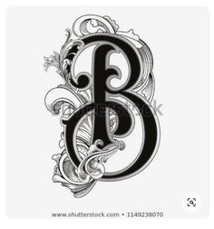 the letter b is made up of swirly flowers and leaves in black on white