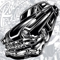 a black and white drawing of an old car