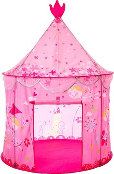 a pink play tent with princess decorations on it